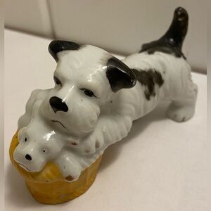 MCM vintage terrier dog figurine with puppies in a basket made in occupied Japan